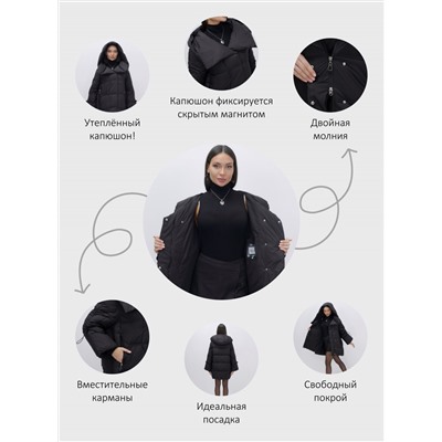 Куртка зимняя женская с большим капюшоном модная черного цвета 7739Ch