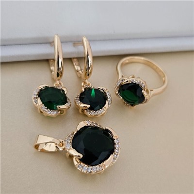 Комплект ювелирной бижутерии коллекция "Дубай" серьги, кулон и кольцо 19 р, покрытие позолота, вставка: стекло и цирконы, цвет: зеленый и прозрачный, арт.414.552-19