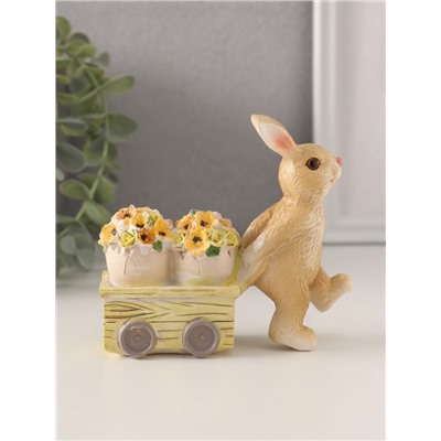 Фигурка полистоун «Зайчик везёт цветочные горшки на тележке», 11×4×10 см