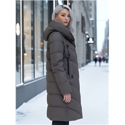 Пальто зимнее утепленное с капюшоном женское темно-коричневого цвета 1318TK