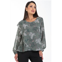 Блузка шифоновая оливкового цвета с принтом