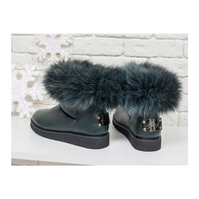 Женские ботиночки в стиле UGG из натуральной кожи флотар темно-зеленого цвета и натурального шикарного меха песца, коллекция Зима , Б-17113-06