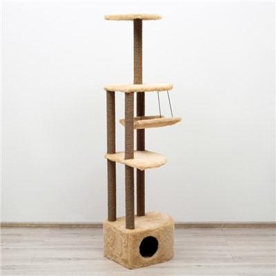 Комплекс для кошек с когтеточкой, угловой, с гамаком, 48×48×171 см, джут, искусственный мех, беж
