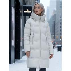 Пальто зимнее утепленное с капюшоном женское бежевого цвета 7779B