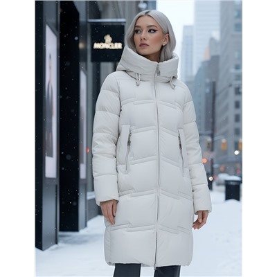 Пальто зимнее утепленное с капюшоном женское бежевого цвета 7779B