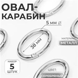 Овал-карабин, 4.8×2.9 см / 38×5 мм, 5 шт., цвет серебряный