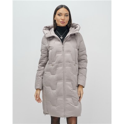 Пальто зимнее утепленное с капюшоном женское светло-коричневого цвета 7638SK