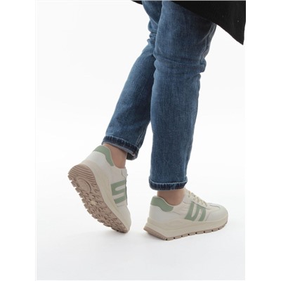 03-WG040-1M MILK/GREEN Кроссовки демисезонные женские (натуральная кожа)