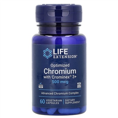 Life Extension, оптимизированный хром с Crominex 3+, 500 мкг, 60 вегетарианских капсул