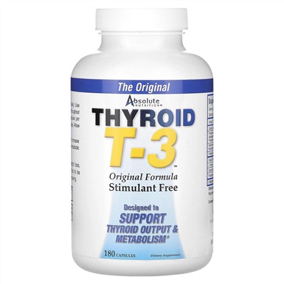 Absolute Nutrition, Thyroid T-3, оригинальная рецептура для поддержки щитовидной железы, 180 капсул