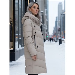 Пальто зимнее утепленное с капюшоном женское бежевого цвета 1318B