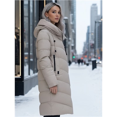 Пальто зимнее утепленное с капюшоном женское бежевого цвета 1318B