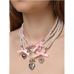 Колье «Бантик» набор 5 шт. бело-розовое в серебре