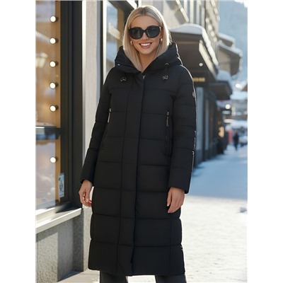 Пальто утепленное стеганное зимнее с капюшоном женское черного цвета 9606Ch