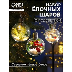 Набор ёлочных шаров «Зимний лес», 3 шт., d=8 см, 1 LED, от батареек, свечение тёплое белое