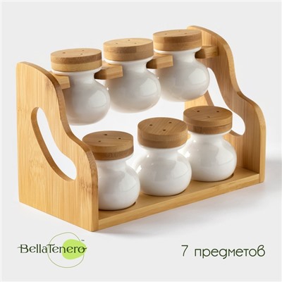 Набор для специй BellaTenero, 50 мл, набор 7 шт, на бамбуковой подставке, фарфор, белый