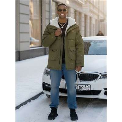 Парка мужская зимняя удлиненная с мехом хаки цвета 8757Kh