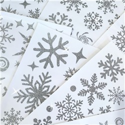 Наклейки на окна "Снежинки БЛЕСТЯЩИЕ" с серебряным глиттером 110 элементов 4 листа 20*30 см. Многоразовые, Без клея (Статические) BQ015
