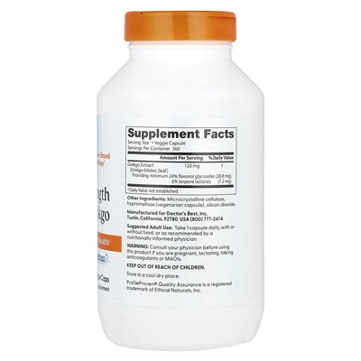 Doctor's Best, гинкго с повышенной силой действия, 120 мг, 360 вегетарианских капсул