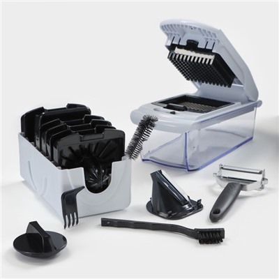 Овощерезка универсальная Magistro Vegan pro, 7 насадок, овощечистка, контейнер, чёрно-белая