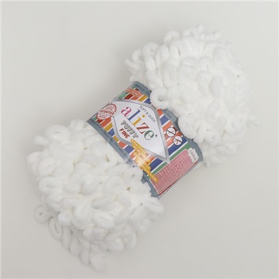 Плюшевая пряжа для вязания руками ALIZE, Puffy fine, 100% микрополиэстер, 14.5 м/100 г, (55 белый)