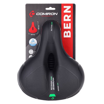 Седло велосипедное комфортное COMIRON BERN N669A 255x210, Технологии: ED, Эластомер, Верх: PU с пресс. принтом, Цвет: Чёрный+Зелёный/ АКЦИЯ /уп 20/