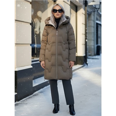 Пальто зимнее утепленное с капюшоном женское коричневого цвета 7638K
