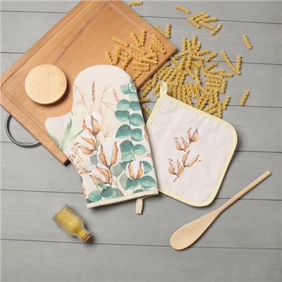 Кухонный набор «Этель. Хлопок»: варежка-прихватка 20×28 см, прихватка 19×19 см, 100% хлопок
