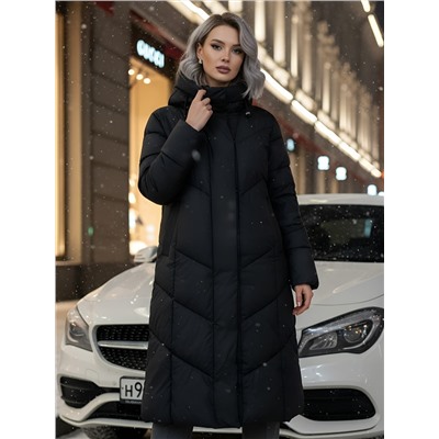 Пальто зимнее утепленное с капюшоном женское черного цвета 7628Ch