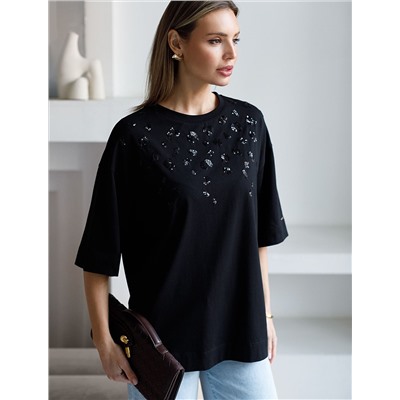 Футболка оверсайз с принтом пайетками из премиального хлопка с эластаном