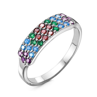 Серебряное кольцо с голубыми,зелеными и красными фианитами - 1140