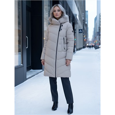 Пальто зимнее утепленное с капюшоном женское бежевого цвета 1318B