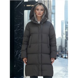 Пальто зимнее утепленное с капюшоном женское темно-коричневого цвета 7618TK