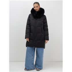 Пальто зимнее утепленное с мехом и капюшоном тренд черного цвета 7630Ch