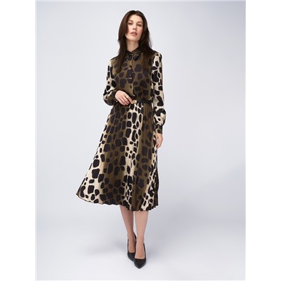 Платье с юбкой плиссе OD-883-1 леопард коричневый с хаки