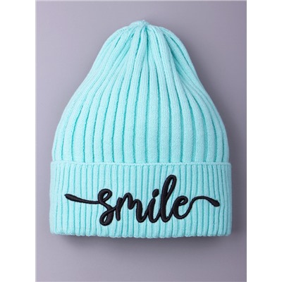 Шапка вязаная детская с отворотом, вязка лапша, SMILE, мятный