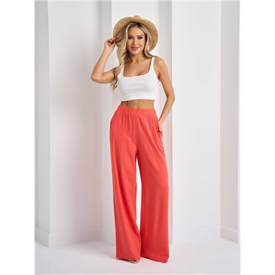 Брюки льняные кораллового цвета с карманами