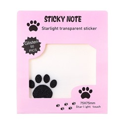 Блок с липким краем, 75×75 мм, 50 листов, прозрачные с блестками «Кошачья лапка»