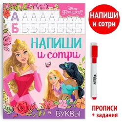 Книга многоразовая «Напиши и сотри. Буквы», 16 стр., 17×24 см, маркер, Принцессы