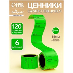 Набор из 6 роликов, в 1 ролике 120 штук, ценники самоклеящиеся, 35×50 мм, зелёный