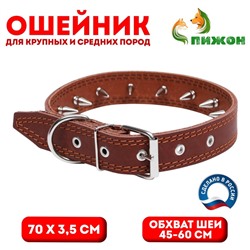 Ошейник кожаный «Строгий шип», 70×3.5 см, ОШ 45-60 см, коричневый