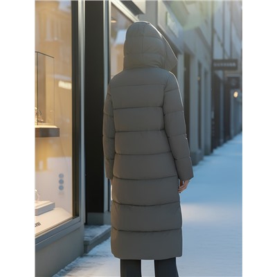 Пальто зимнее утепленное с капюшоном женское темно-серого цвета 7729TC