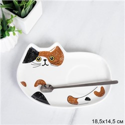 Блюдце с ложкой Котик / 10-222-Set4 /АКЦИЯ
