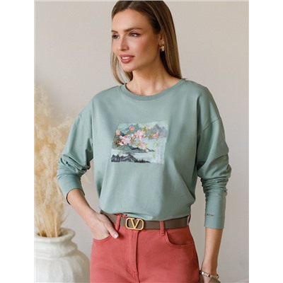 Лонгслив с принтом из премиального хлопка с эластаном