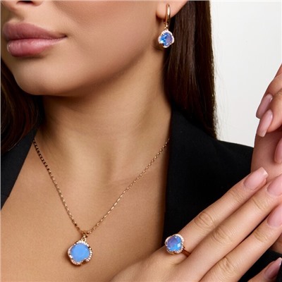 Комплект ювелирной бижутерии коллекция "Дубай" серьги, кулон и кольцо 18 р, покрытие позолота, вставка: стекло и цирконы, цвет: аквамариновый и прозрачный, арт.414.556-18