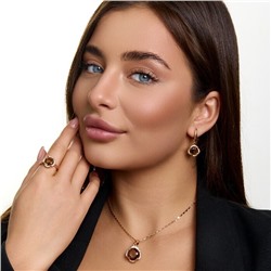 Комплект ювелирной бижутерии коллекция "Дубай" серьги, кулон и кольцо 20 р, покрытие позолота, вставка: стекло и цирконы, цвет: коричневый и прозрачный, арт.414.557-20