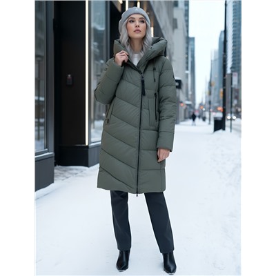 Пальто зимнее утепленное с капюшоном женское цвета хаки 1318Kh