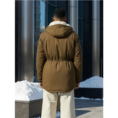 Парка мужская зимняя удлиненная с мехом темно-коричневого цвета 2606TK