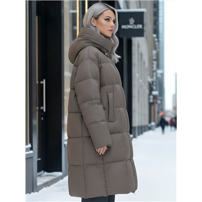 Пальто зимнее утепленное с капюшоном женское светло-коричневого цвета 7741SK