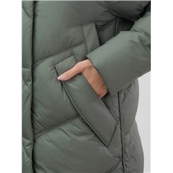 Пальто зимнее утепленное с мехом и капюшоном тренд цвета хаки 7745Kh